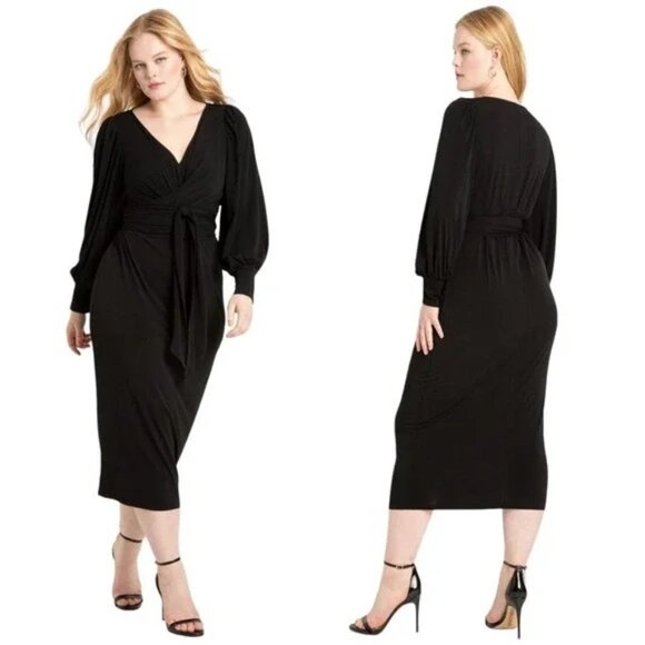 NWT Eloquii Cross Front Midi Dress Size 22 Black Long Sleeve Self-ties Neutral - Picture 1 of 9